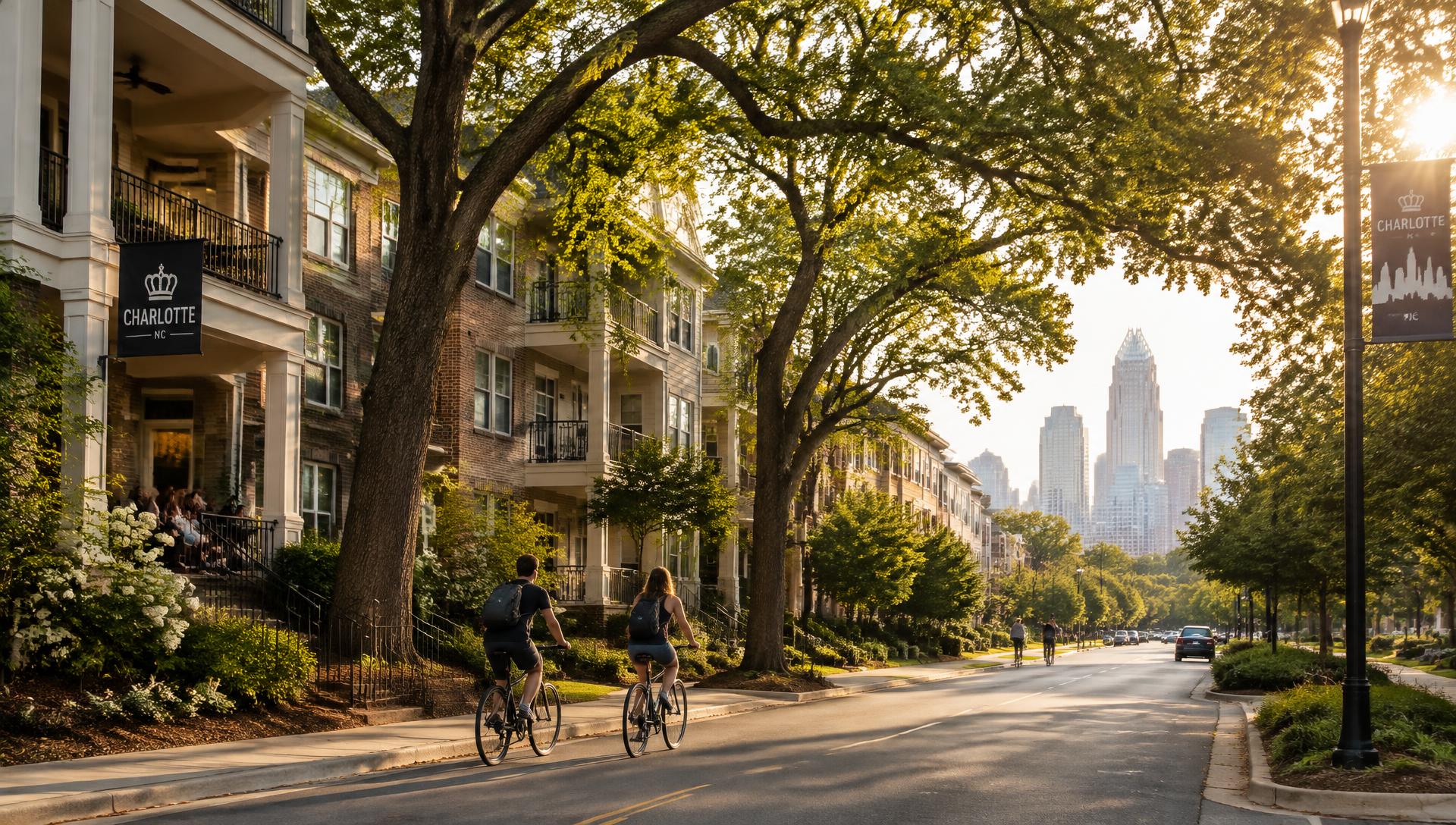 Tree-lined Charlotte neighborhood with apartments and the skyline