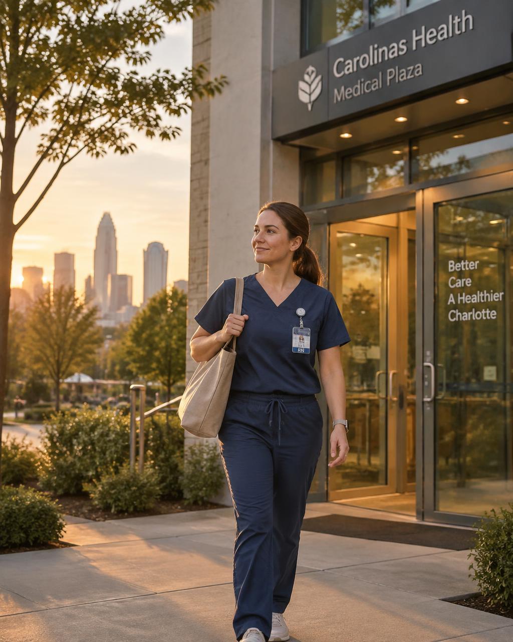 A nurse leaving work at golden hour in Charlotte