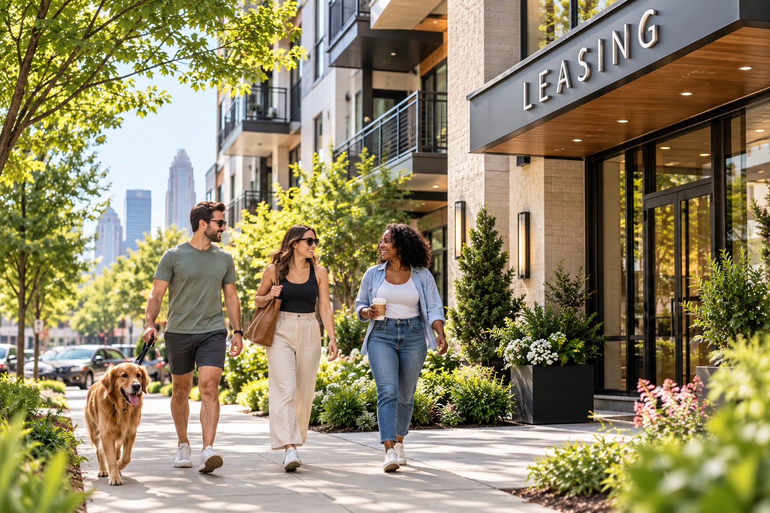 Residents walking past the leasing office of a Charlotte apartment community
