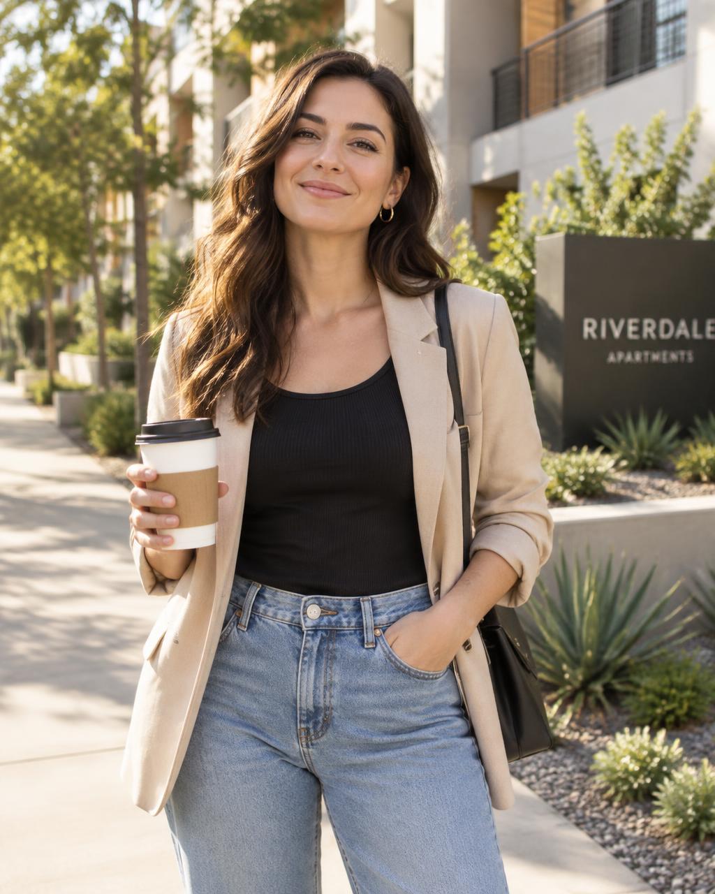 A confident renter outside an apartment community